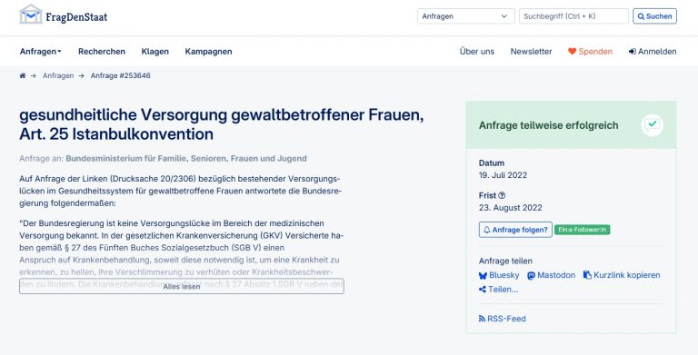 Anfrage an das Bundesministerium für Familie, Senioren, Frauen und Jugend (BMFSFJ), über Frag den Staat, https://fragdenstaat.de/anfrage/gesundheitliche-versorgung-gewaltbetroffener-frauen-art-25-istanbulkonvention/